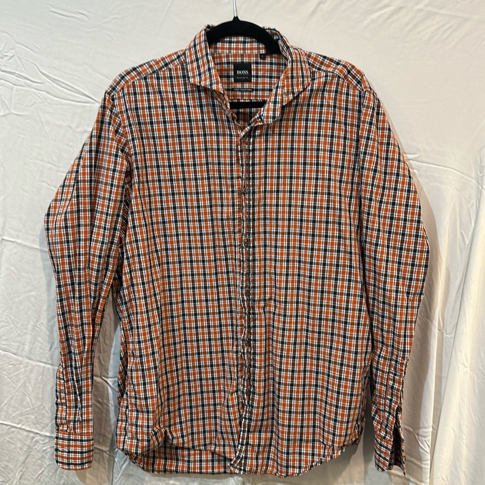 Hugo Boss Men’s Orange Plaid Button Down Shirt, Size Large